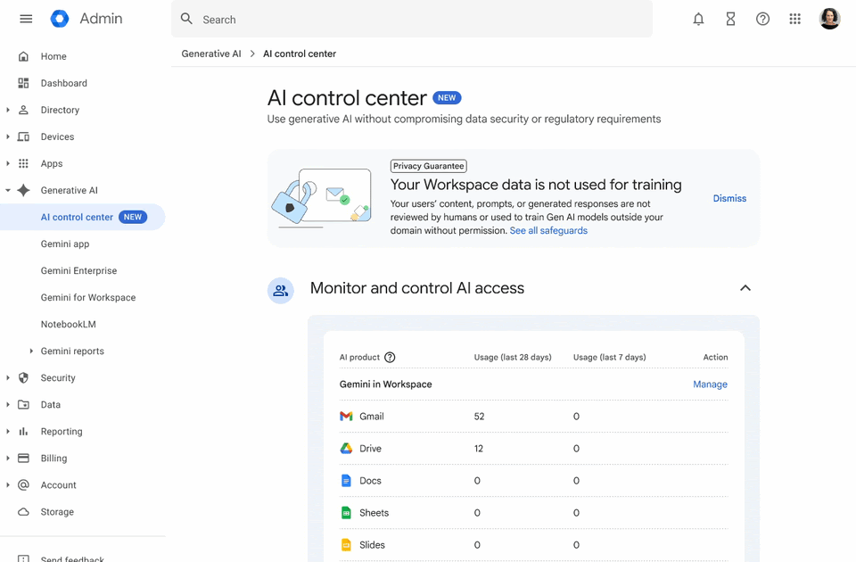 Panel del AI Control Center de Google Workspace dentro de Admin Console
